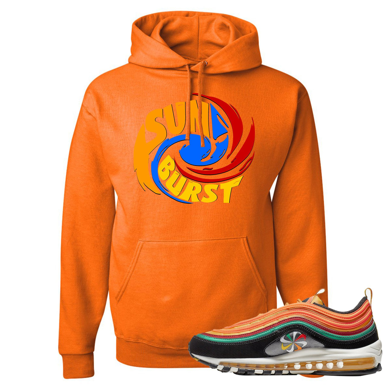 Printed on the front of the Air Max 97 Sunburst safety orange sneaker matching pullover hoodie is the sunburst hurricane logo