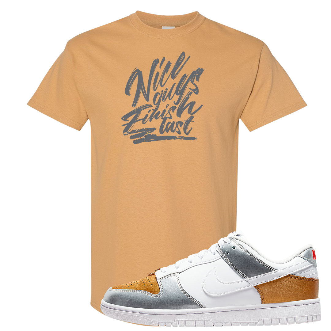 Gold Silver Red Low Dunks T Shirt | Nice Guys Finish Last, Old Gold