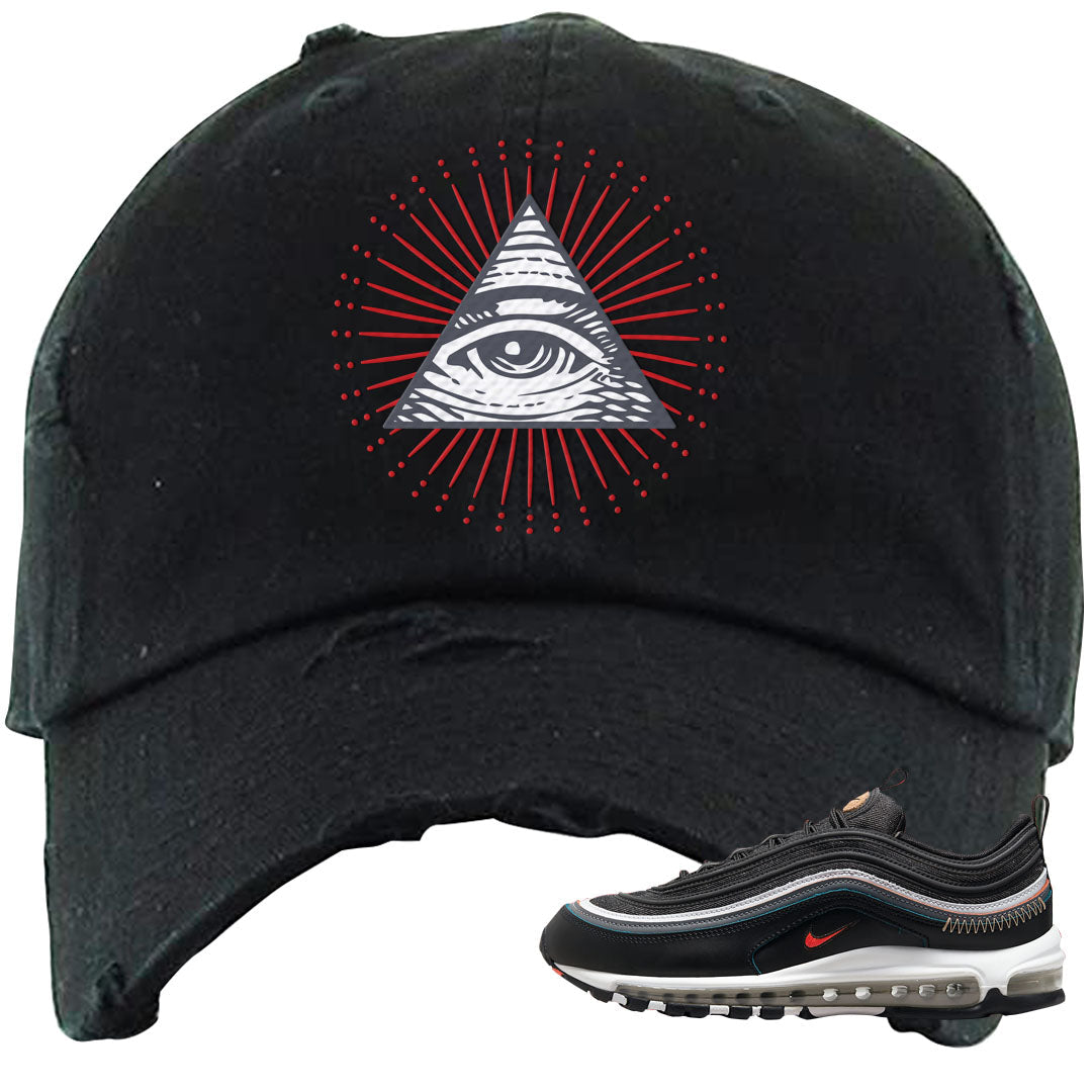 Alter and Reveal 97s Distressed Dad Hat | All Seeing Eye, Black