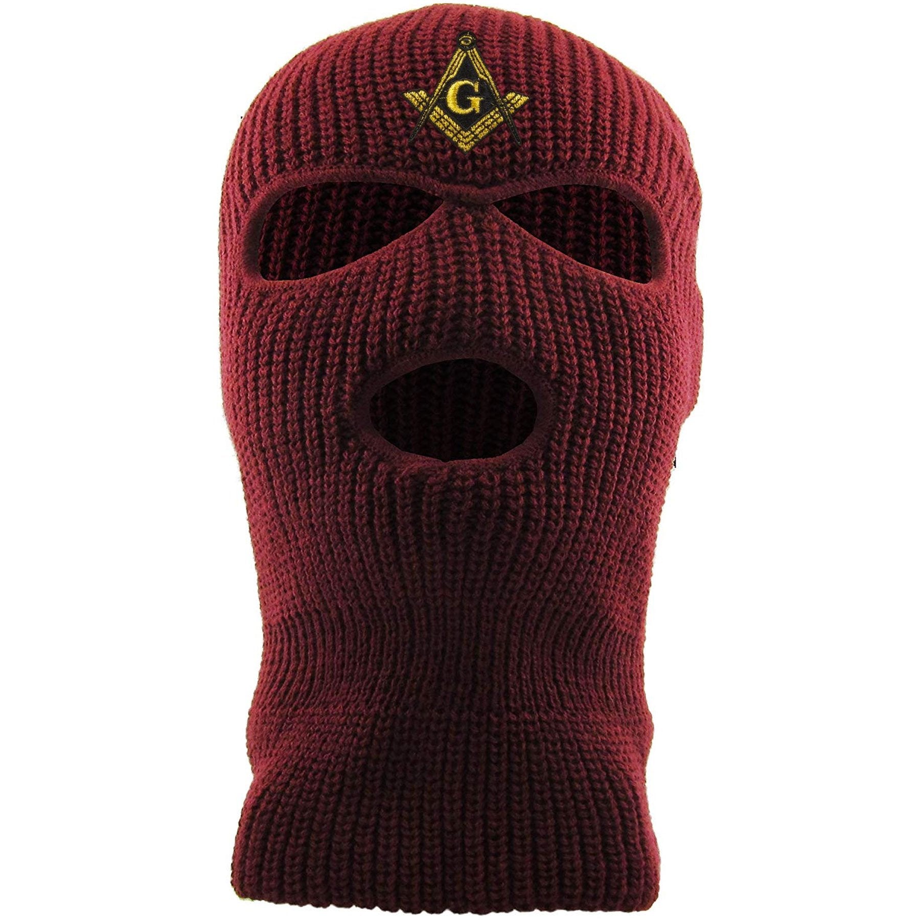 Embroidered on the front of the maroon masonic ski mask is the free mason logo embroidered in gold and black