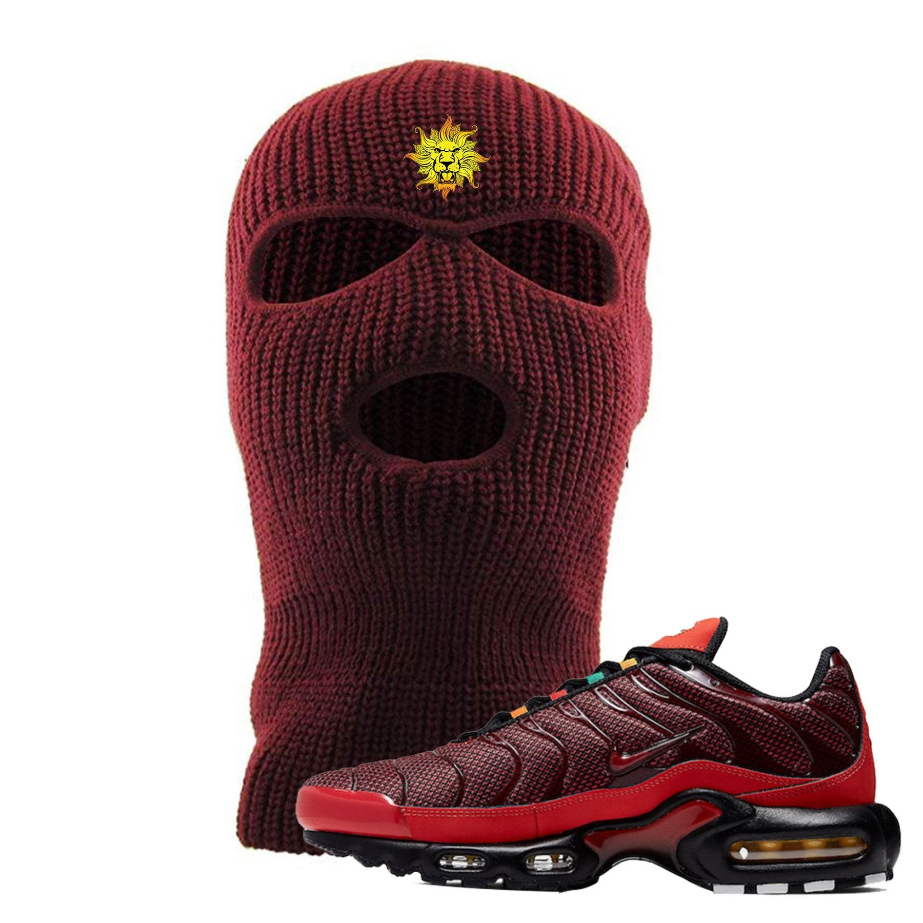 embroidered on the forehead of the air max plus sunburst sneaker matching maroon ski mask is the vintage lion head logo