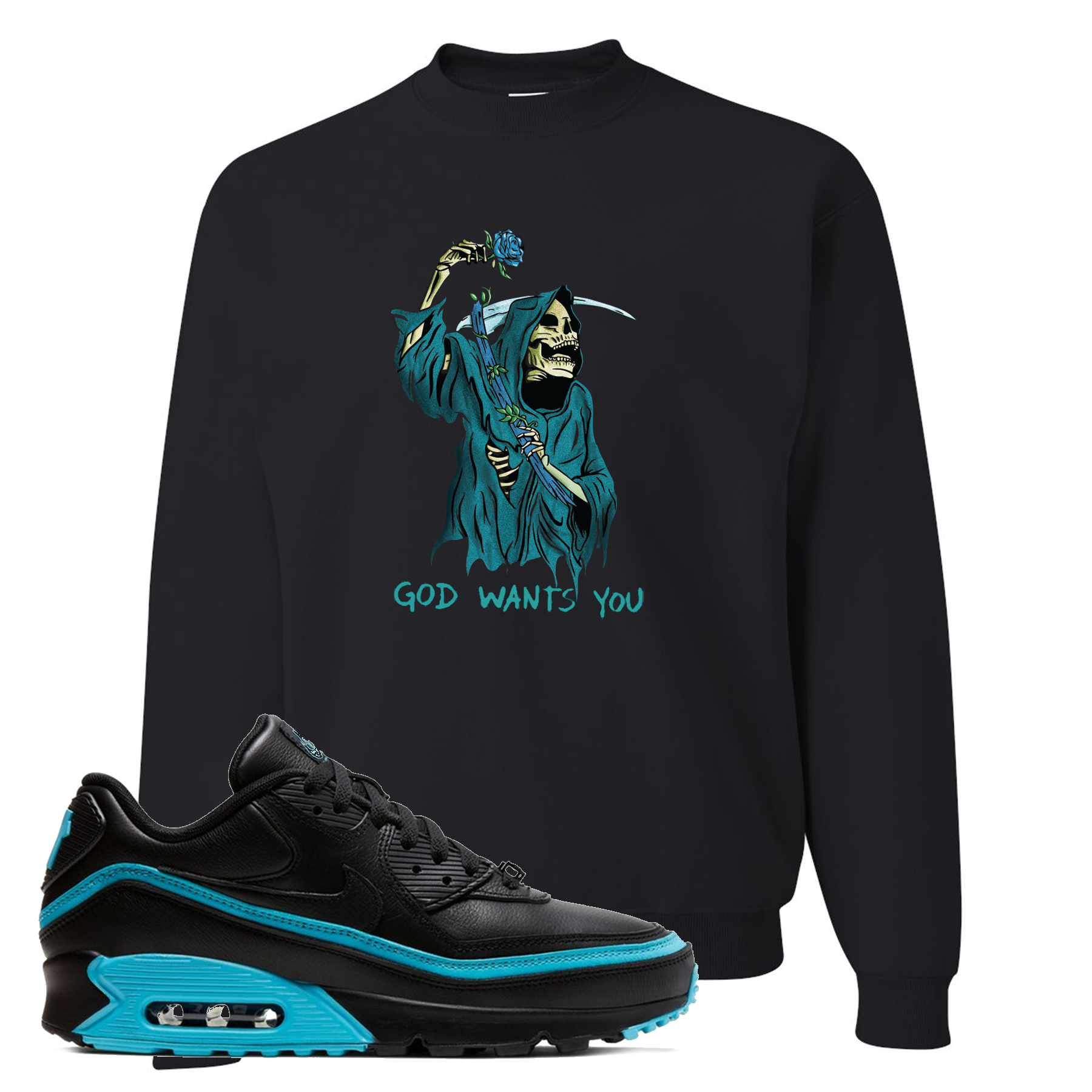 Black Blue Fury 90s Crewneck Sweatshirt | God Wants You Reaper, Black