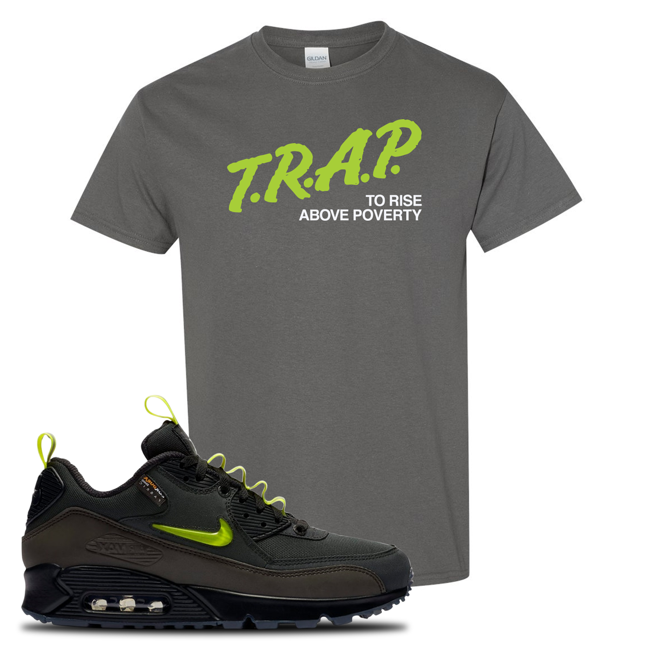 The Basement X Air Max 90 Manchester Trap to Rise Above Poverty Charcoal Gray Sneaker Hook Up T-Shirt
