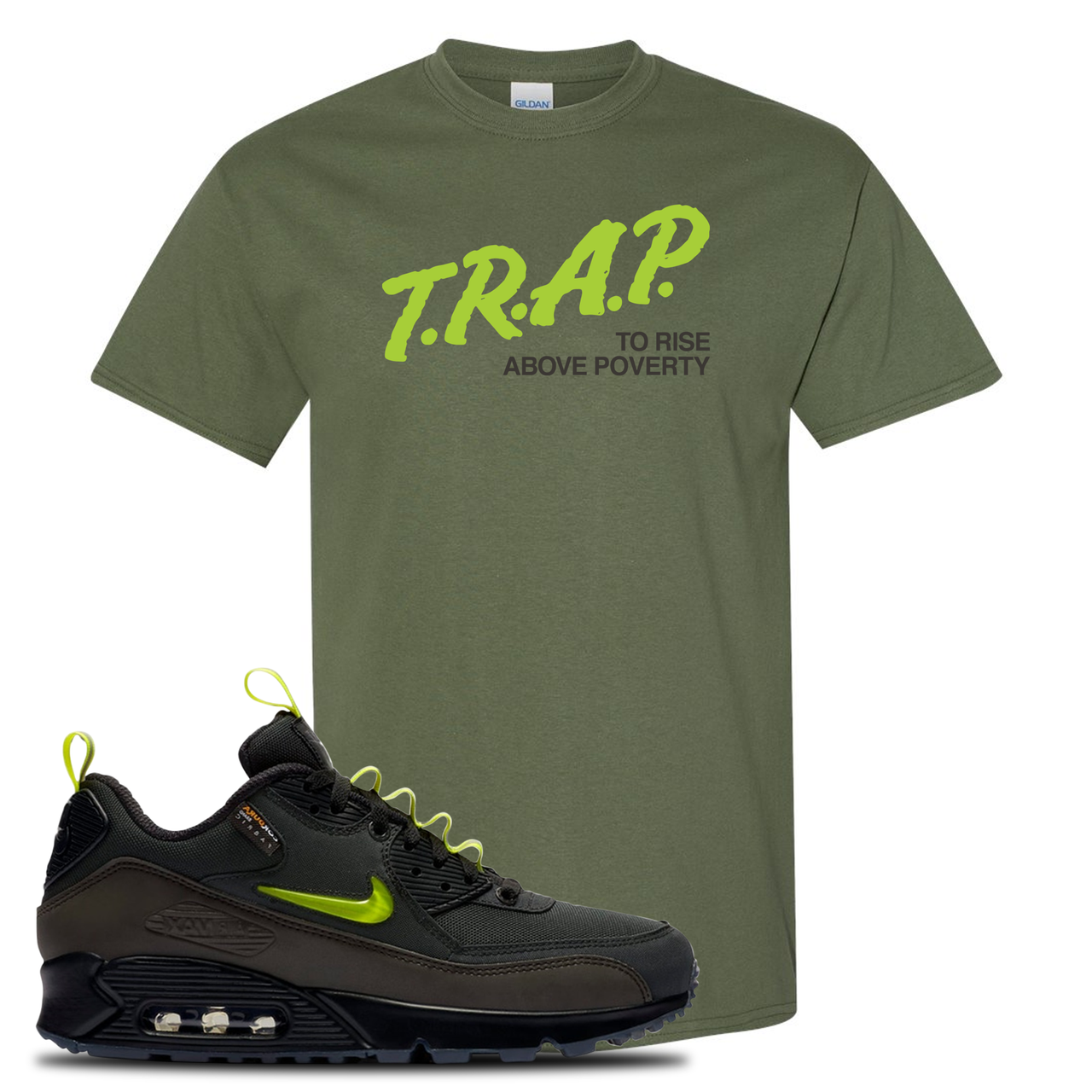 The Basement X Air Max 90 Manchester Trap to Rise Above Poverty Military Green Sneaker Hook Up T-Shirt