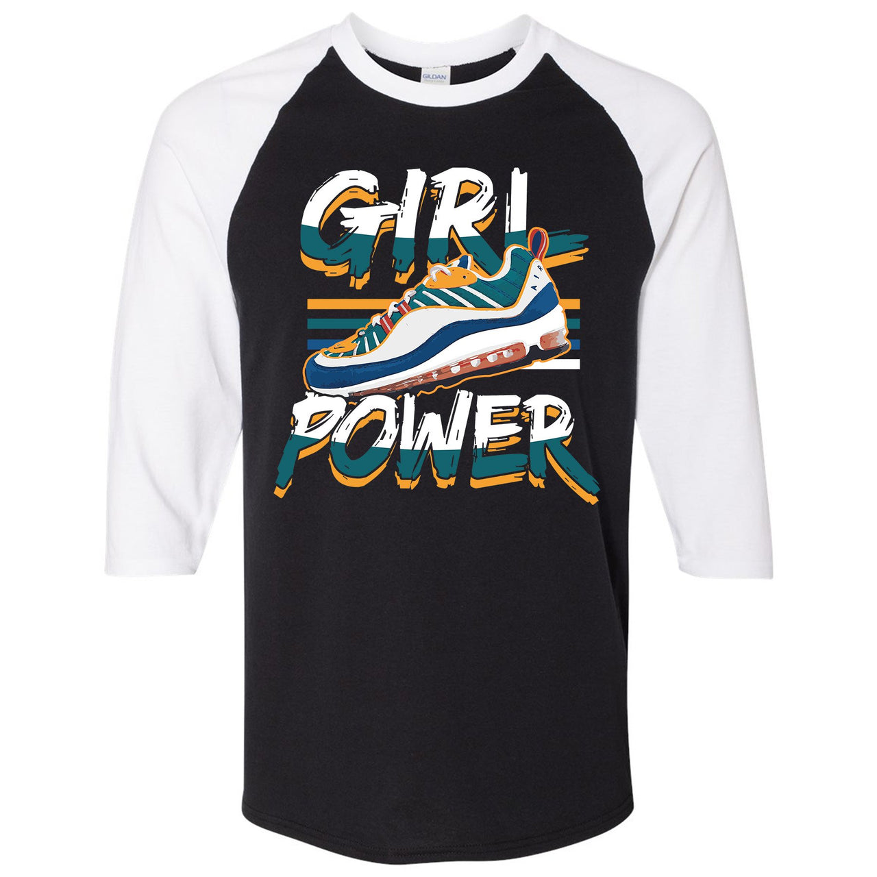 Multicolor 98s Raglan T Shirt | Girl Power With Shoe, Black and White