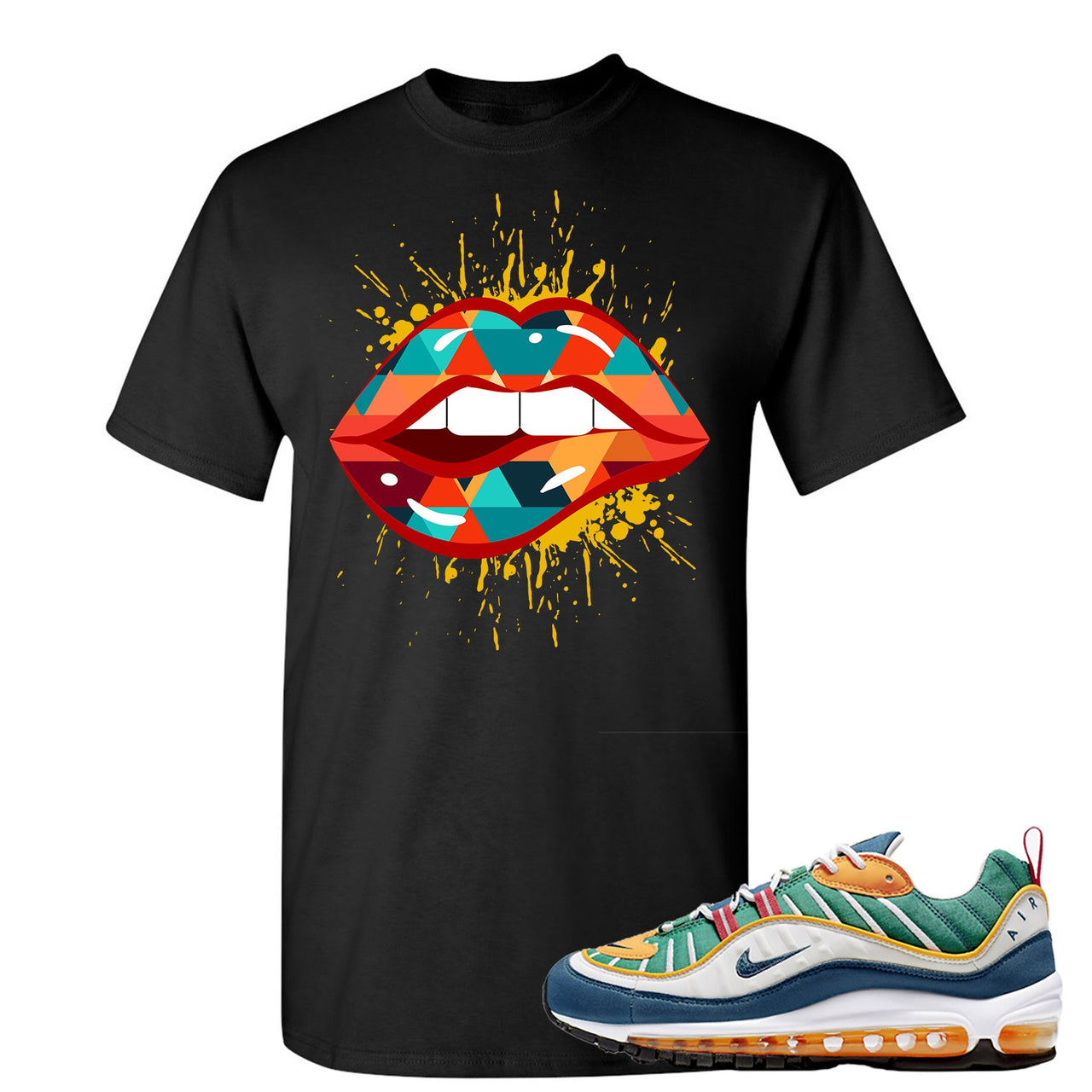 Multicolor 98s T Shirt | Lips Geometric Design, Black