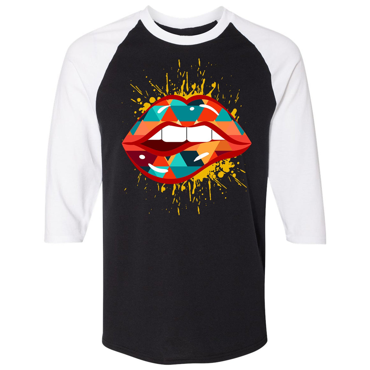 Multicolor 98s Raglan T Shirt | Lips Geometric Design, Black and White