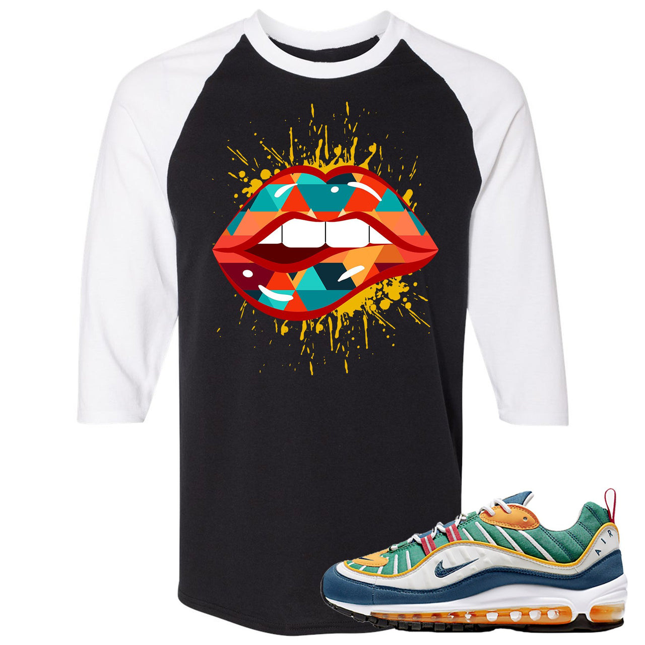 Multicolor 98s Raglan T Shirt | Lips Geometric Design, Black and White