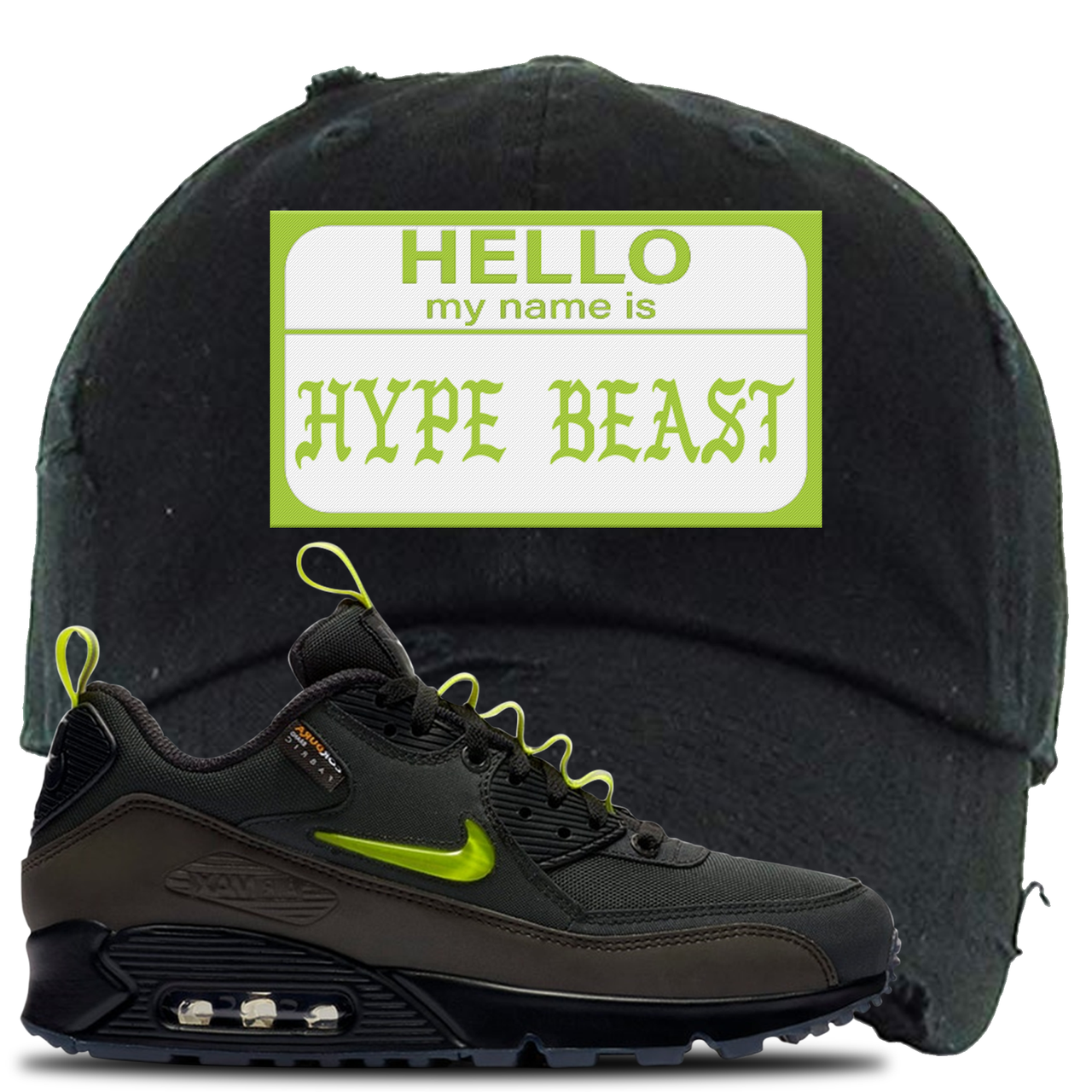 The Basement X Air Max 90 Manchester Hello My Name is Hype Beast Black Sneaker Hook Up Distressed Dad Hat