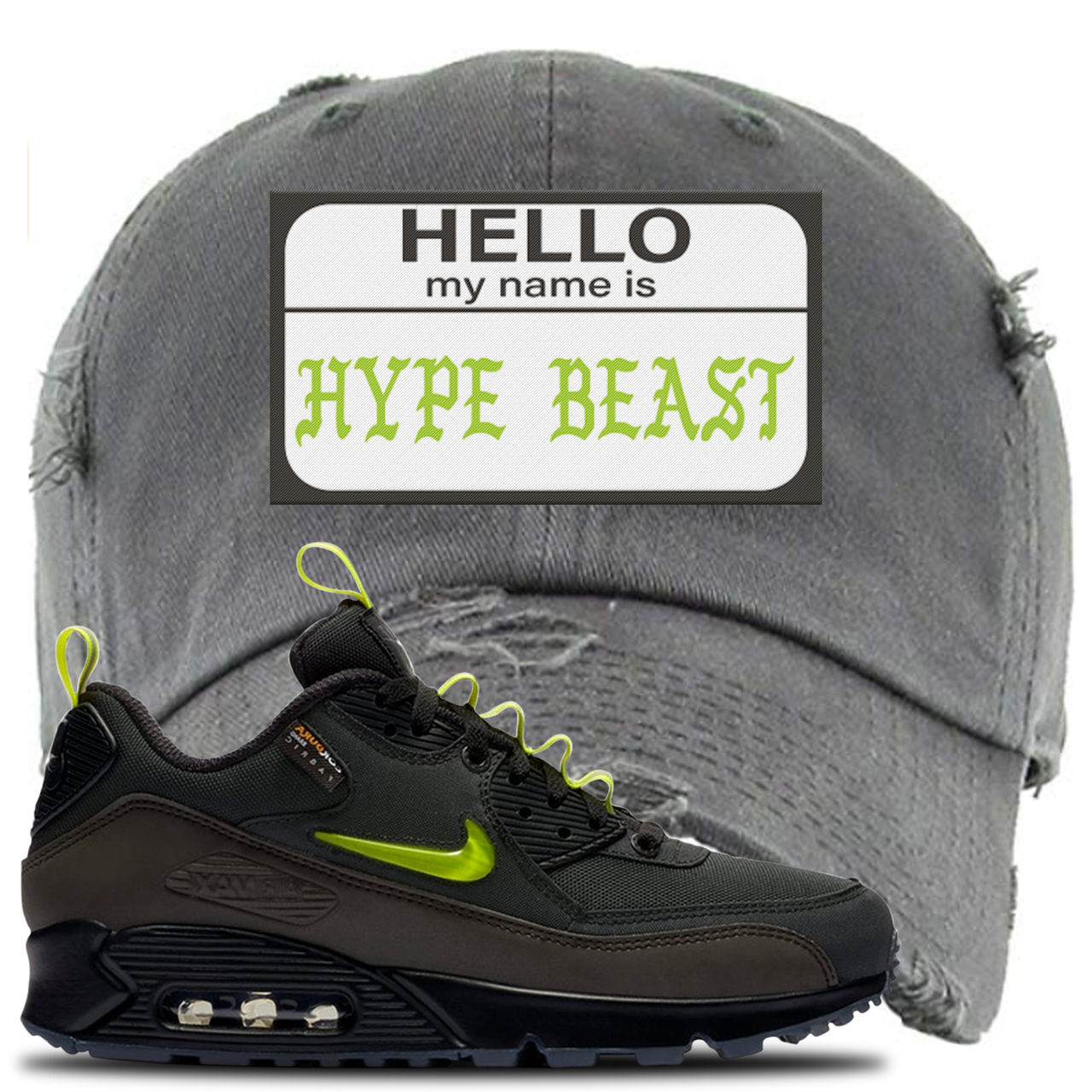 The Basement X Air Max 90 Manchester Hello My Name is Hype Beast Dark Gray Sneaker Hook Up Distressed Dad Hat