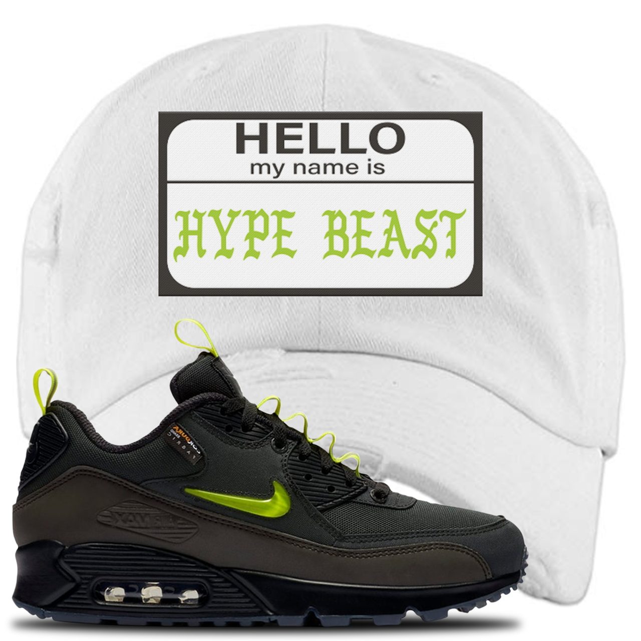 The Basement X Air Max 90 Manchester Hello My Name is Hype Beast White Sneaker Hook Up Distressed Dad Hat