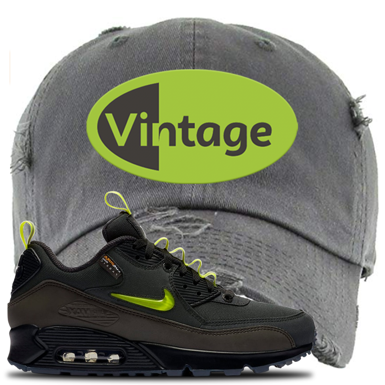 The Basement X Air Max 90 Manchester Vintage Oval Dark Gray Sneaker Hook Up Distressed Dad Hat