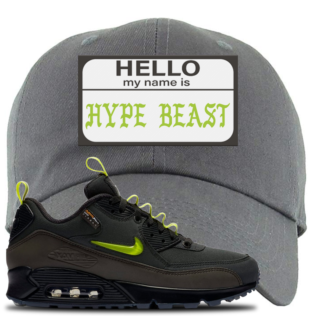 The Basement X Air Max 90 Manchester Hello My Name is Hype Beast Dark Gray Sneaker Hook Up Dad Hat