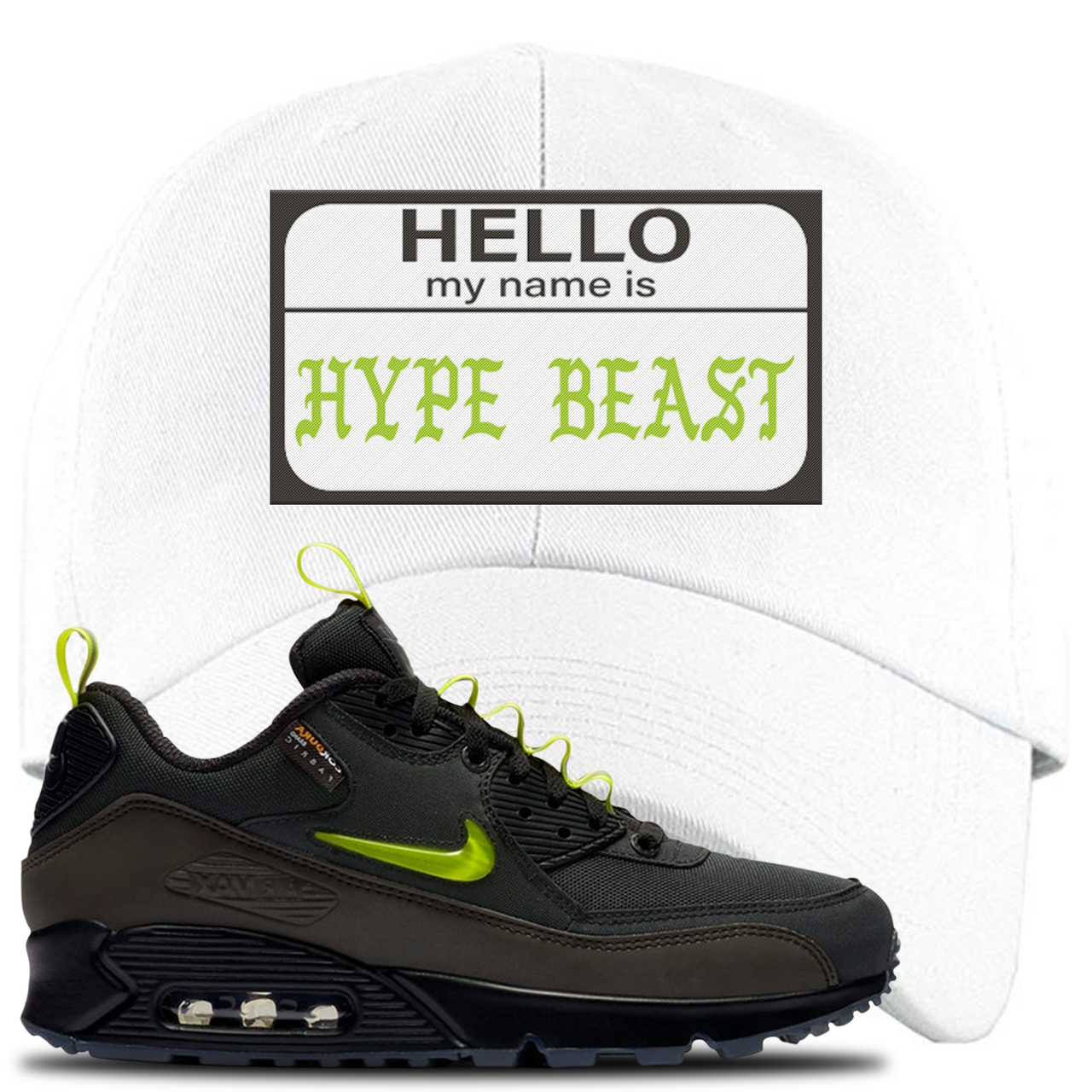 The Basement X Air Max 90 Manchester Hello My Name is Hype Beast White Sneaker Hook Up Dad Hat