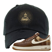 Cacao Colored Plaid AF 1s Distressed Dad Hat | All Seeing Eye, Black