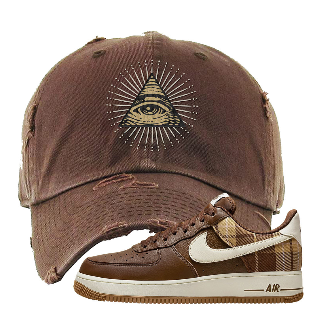 Cacao Colored Plaid AF 1s Distressed Dad Hat | All Seeing Eye, Brown