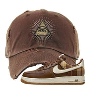 Cacao Colored Plaid AF 1s Distressed Dad Hat | All Seeing Eye, Brown