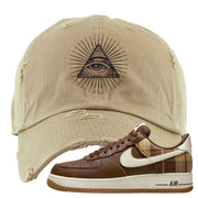 Cacao Colored Plaid AF 1s Distressed Dad Hat | All Seeing Eye, Khaki
