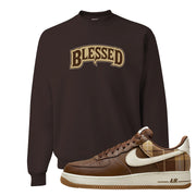 Cacao Colored Plaid AF 1s Crewneck Sweatshirt | Blessed Arch, Dark Chocolate