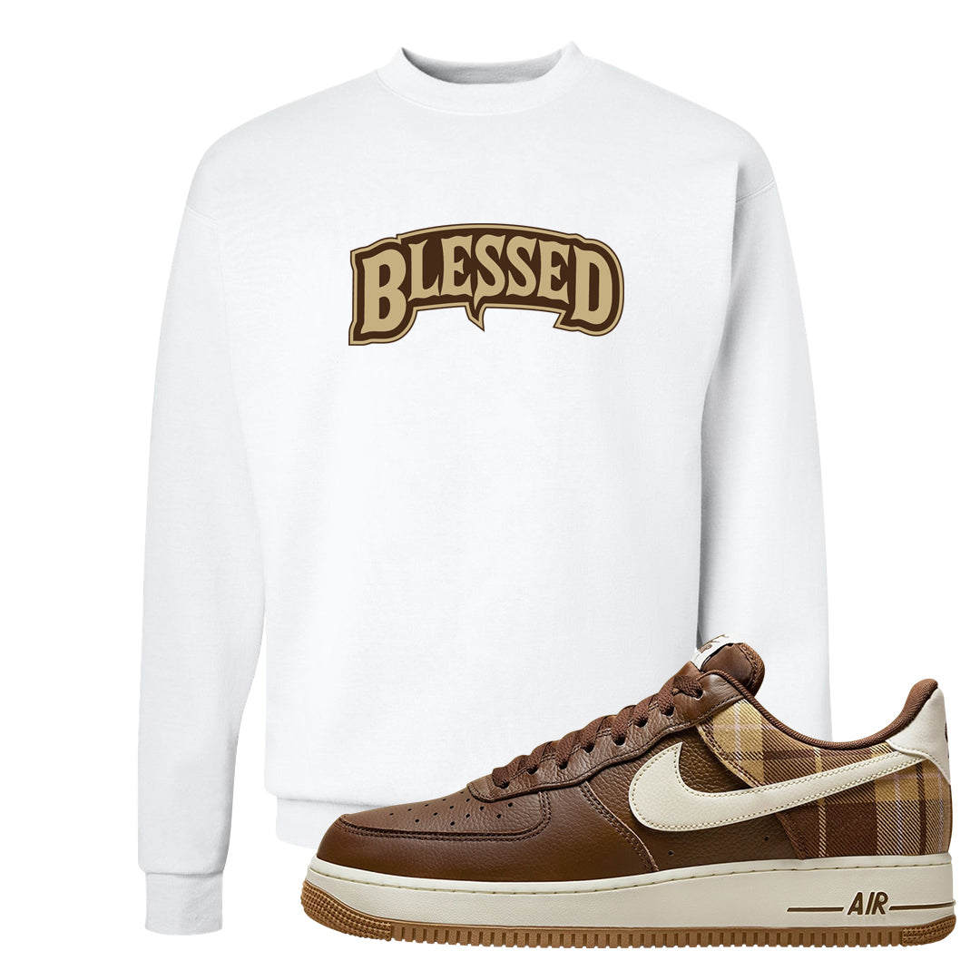 Cacao Colored Plaid AF 1s Crewneck Sweatshirt | Blessed Arch, White