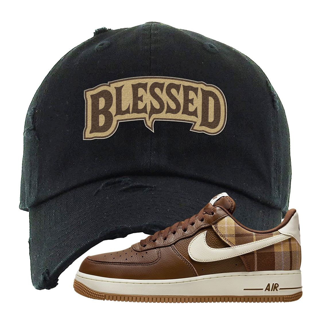 Cacao Colored Plaid AF 1s Distressed Dad Hat | Blessed Arch, Black
