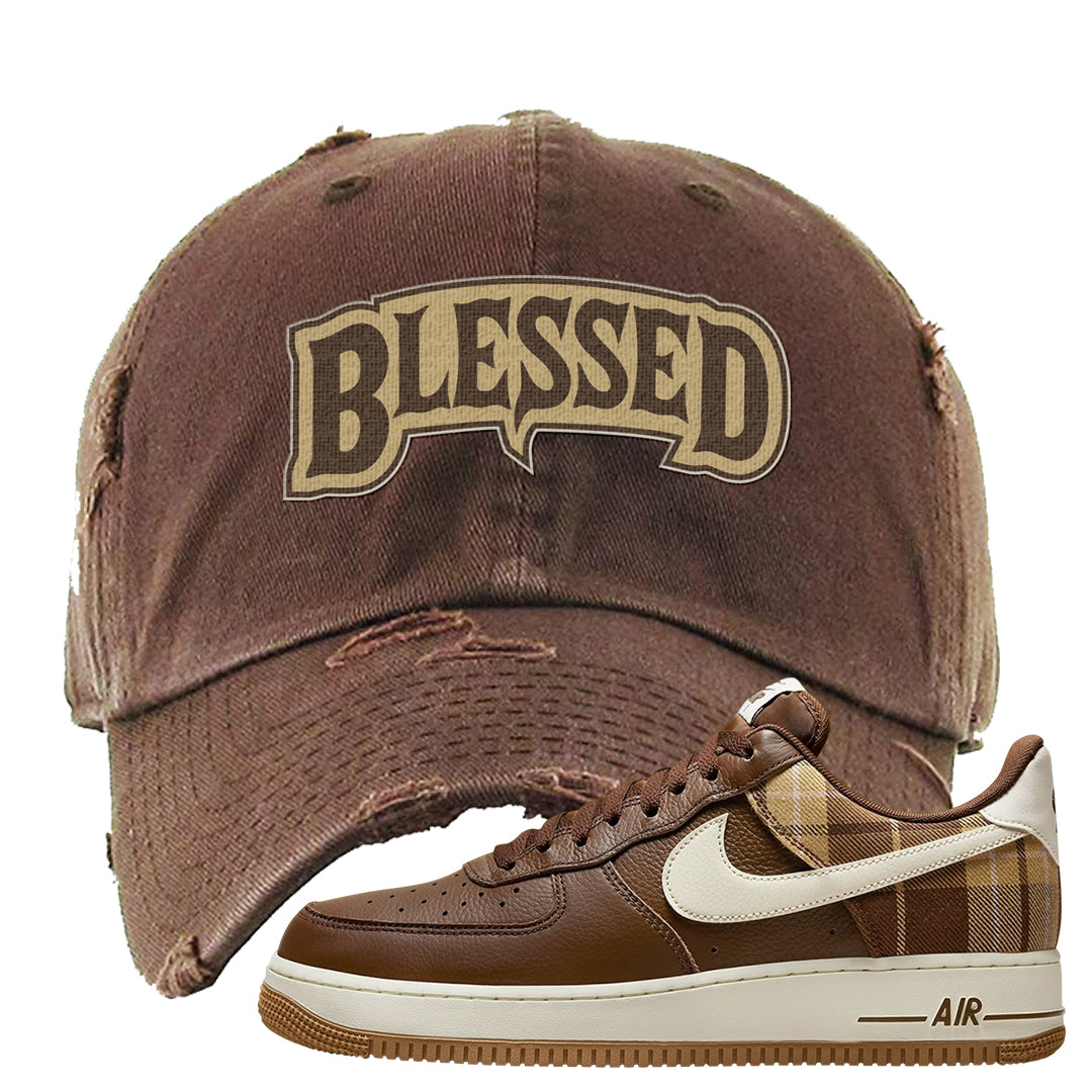 Cacao Colored Plaid AF 1s Distressed Dad Hat | Blessed Arch, Brown