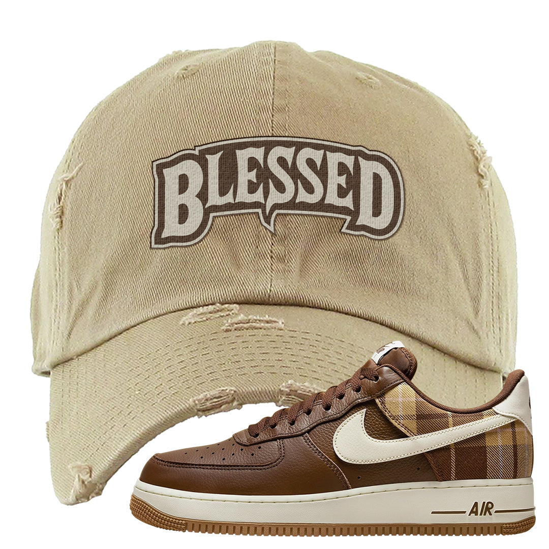 Cacao Colored Plaid AF 1s Distressed Dad Hat | Blessed Arch, Khaki