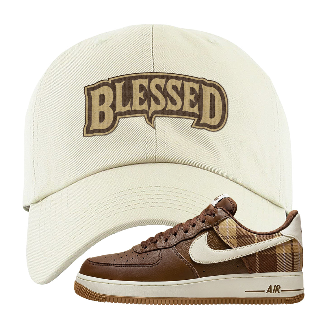 Cacao Colored Plaid AF 1s Dad Hat | Blessed Arch, White