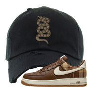 Cacao Colored Plaid AF 1s Distressed Dad Hat | Coiled Snake, Black