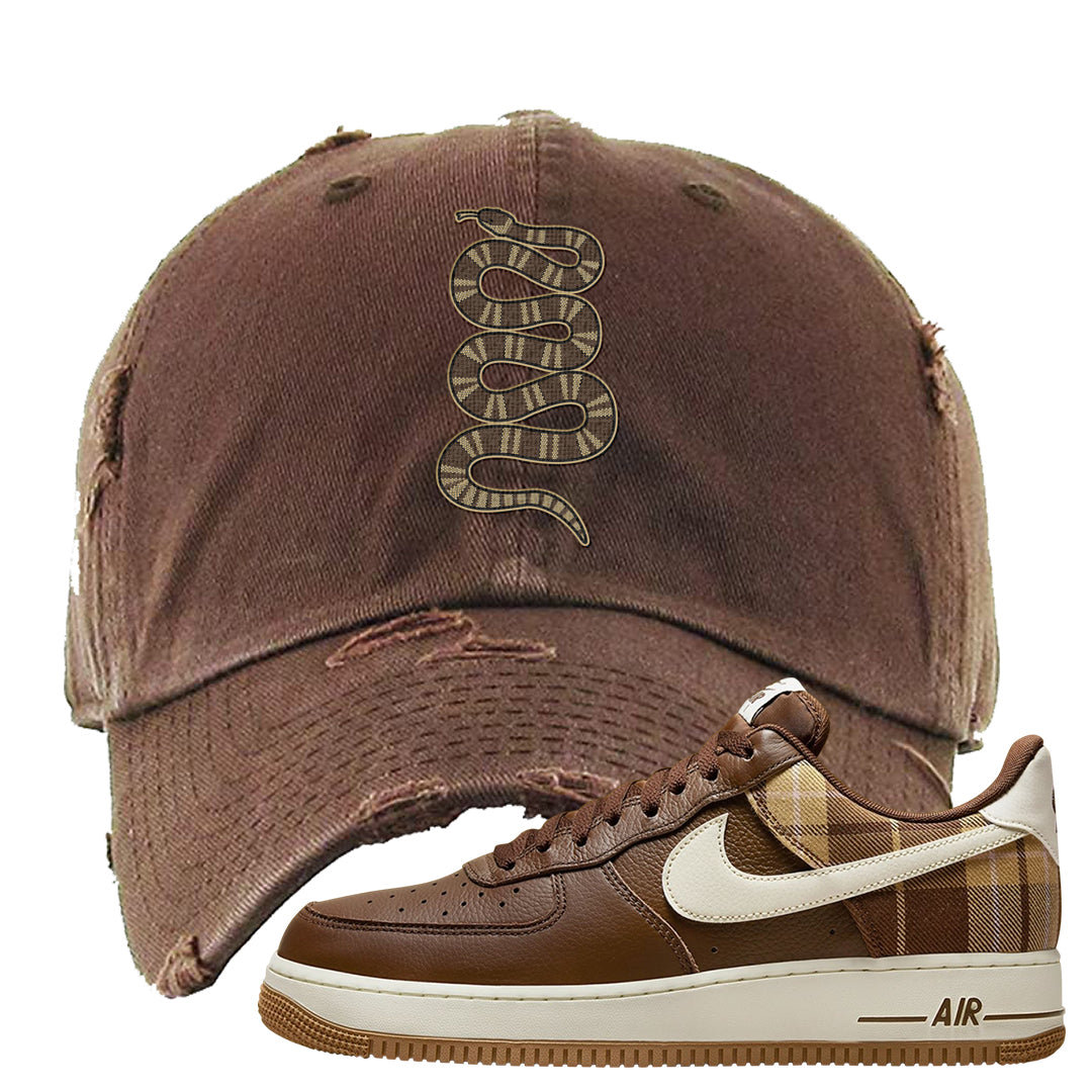Cacao Colored Plaid AF 1s Distressed Dad Hat | Coiled Snake, Brown