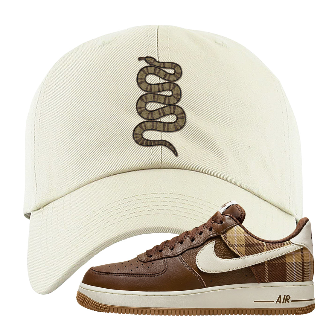 Cacao Colored Plaid AF 1s Dad Hat | Coiled Snake, White