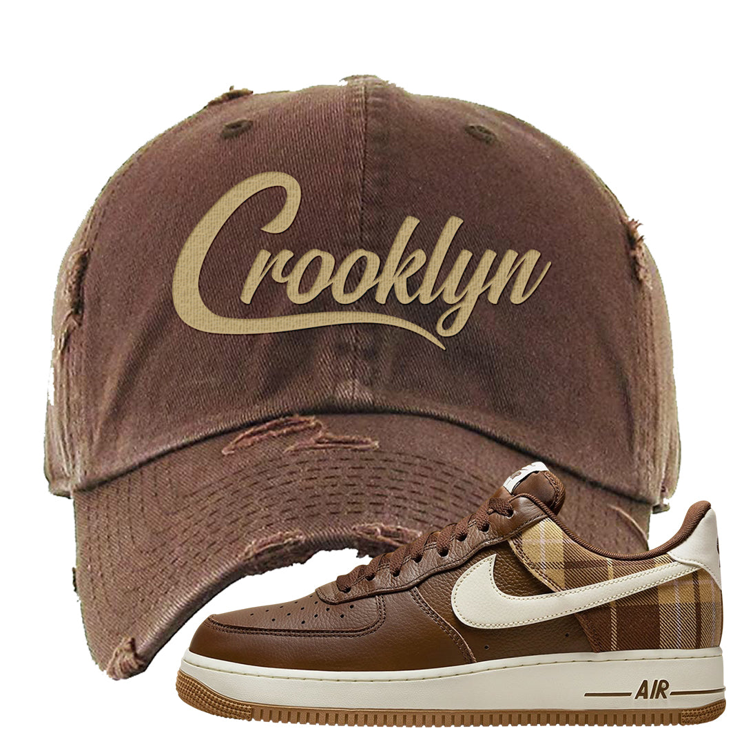 Cacao Colored Plaid AF 1s Distressed Dad Hat | Crooklyn, Brown