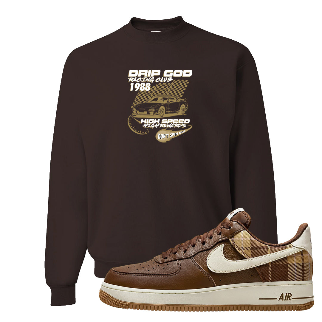 Cacao Colored Plaid AF 1s Crewneck Sweatshirt | Drip God Racing Club, Dark Chocolate
