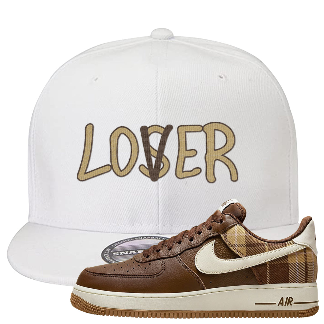 Cacao Colored Plaid AF 1s Snapback Hat | Lover, White