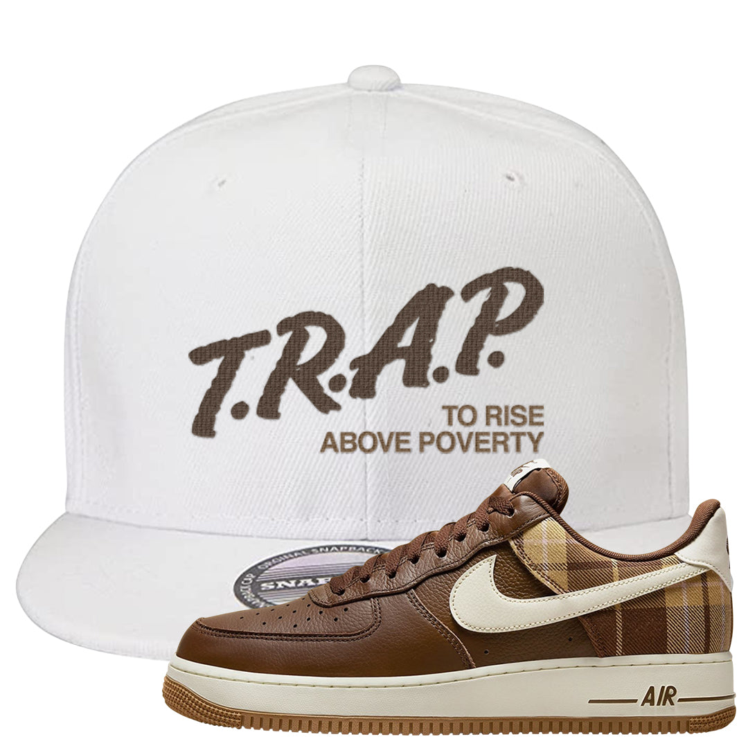 Cacao Colored Plaid AF 1s Snapback Hat | Trap To Rise Above Poverty, White