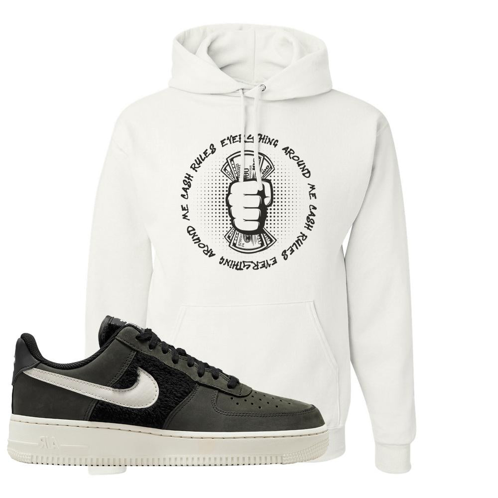 Furry Black Light Bone Low AF 1s Hoodie | Cash Rules Everything Around Me, White
