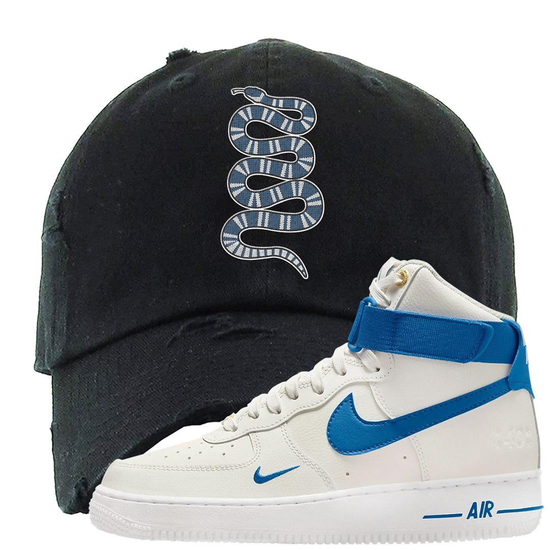 White Blue Jay High AF 1s Distressed Dad Hat | Coiled Snake, Black