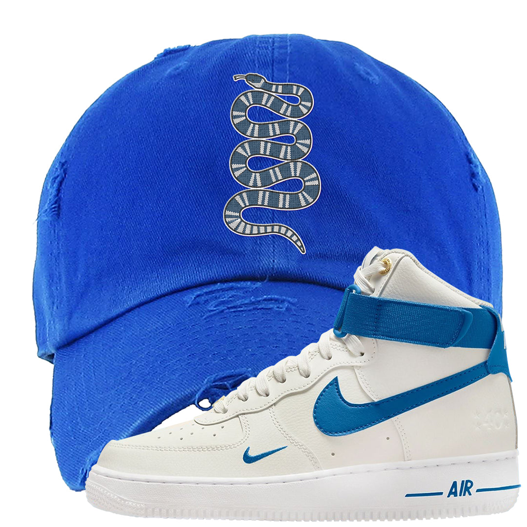 White Blue Jay High AF 1s Distressed Dad Hat | Coiled Snake, Royal Blue