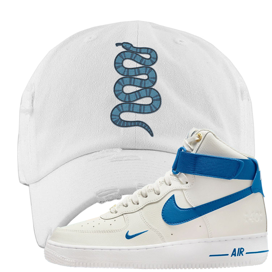 White Blue Jay High AF 1s Distressed Dad Hat | Coiled Snake, White