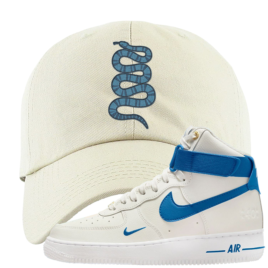 White Blue Jay High AF 1s Dad Hat | Coiled Snake, White