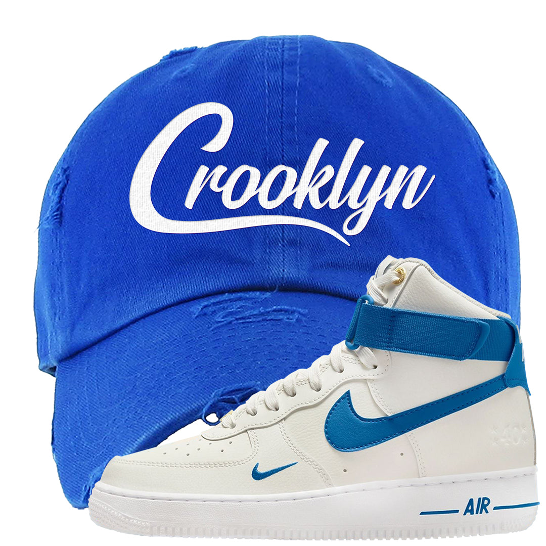 White Blue Jay High AF 1s Distressed Dad Hat | Crooklyn, Royal Blue