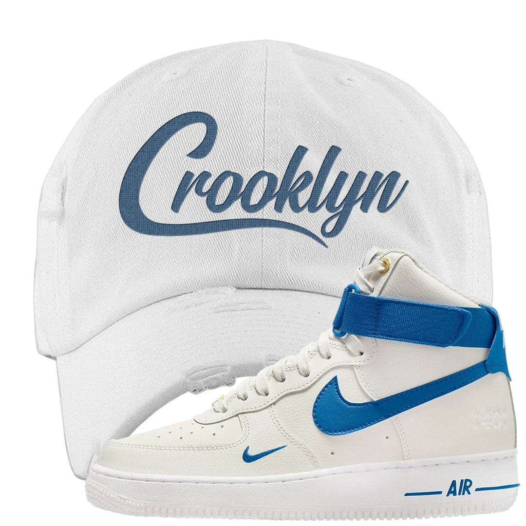 White Blue Jay High AF 1s Distressed Dad Hat | Crooklyn, White