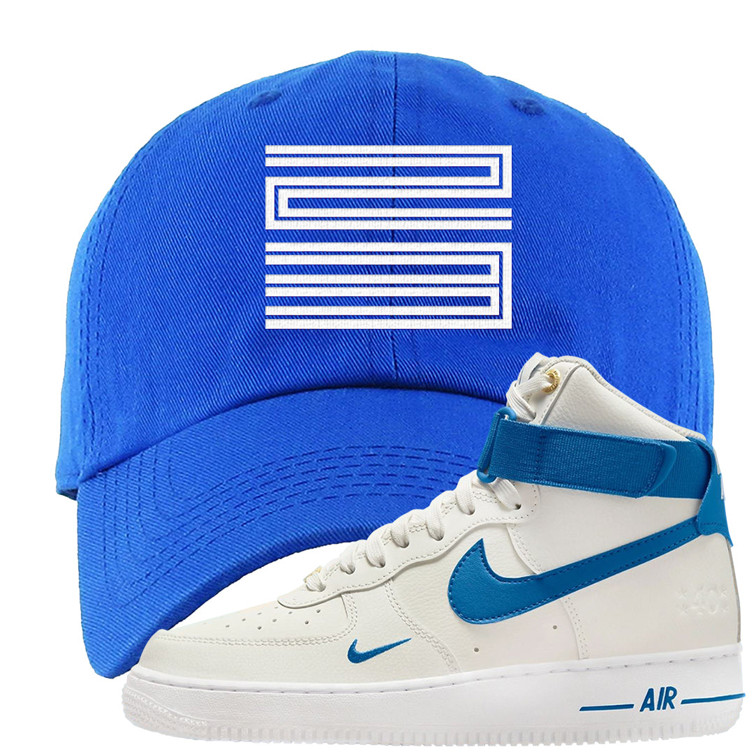 White Blue Jay High AF 1s Dad Hat | Double Line 23, Royal Blue