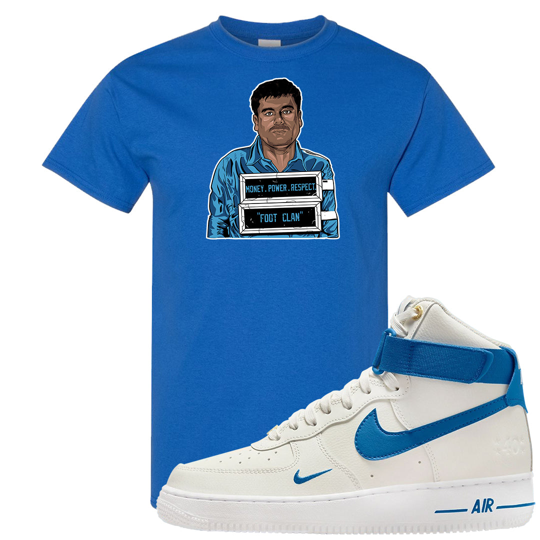 White Blue Jay High AF 1s T Shirt | El Chapo Illustration, Royal Blue