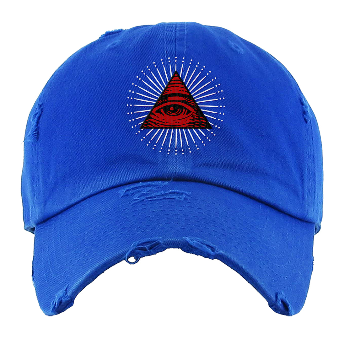 University Blue Summit White Low 1s Distressed Dad Hat | All Seeing Eye, Royal
