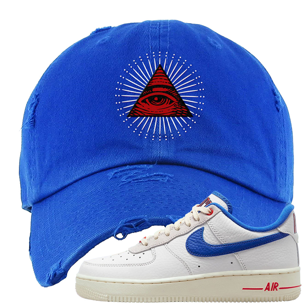 University Blue Summit White Low 1s Distressed Dad Hat | All Seeing Eye, Royal