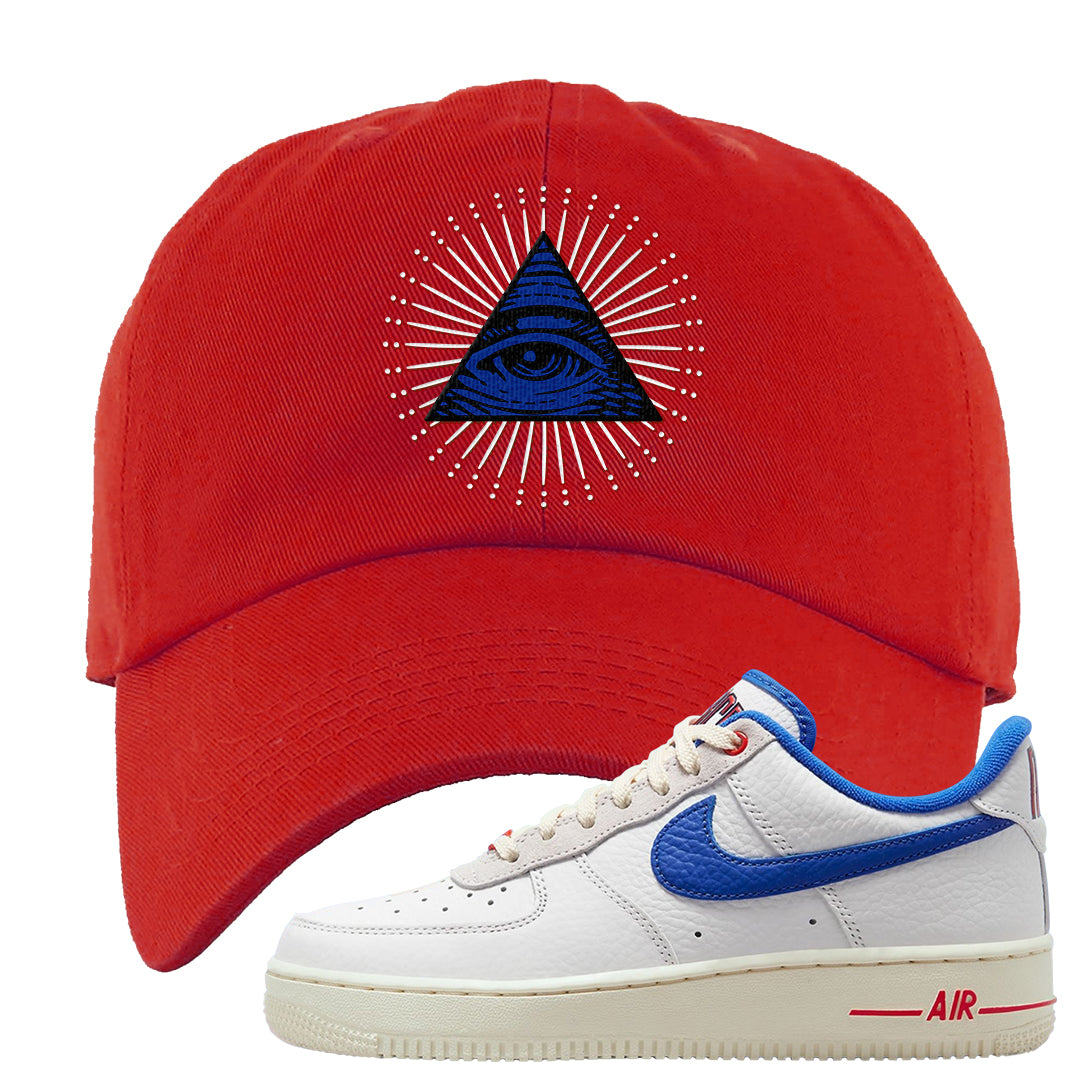 University Blue Summit White Low 1s Dad Hat | All Seeing Eye, Red