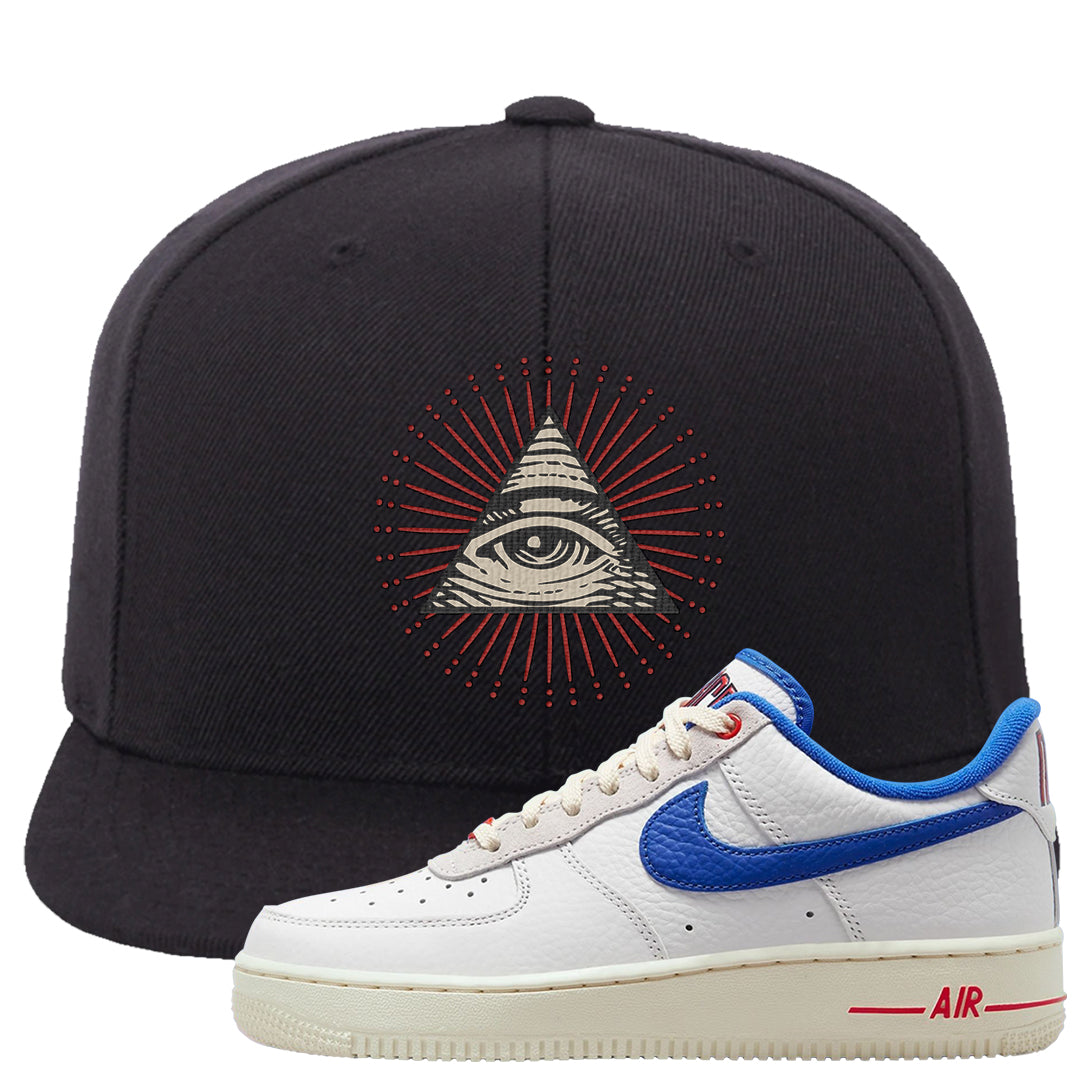 University Blue Summit White Low 1s Snapback Hat | All Seeing Eye, Black