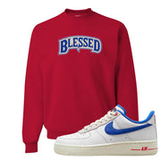University Blue Summit White Low 1s Crewneck Sweatshirt | Blessed Arch, Red