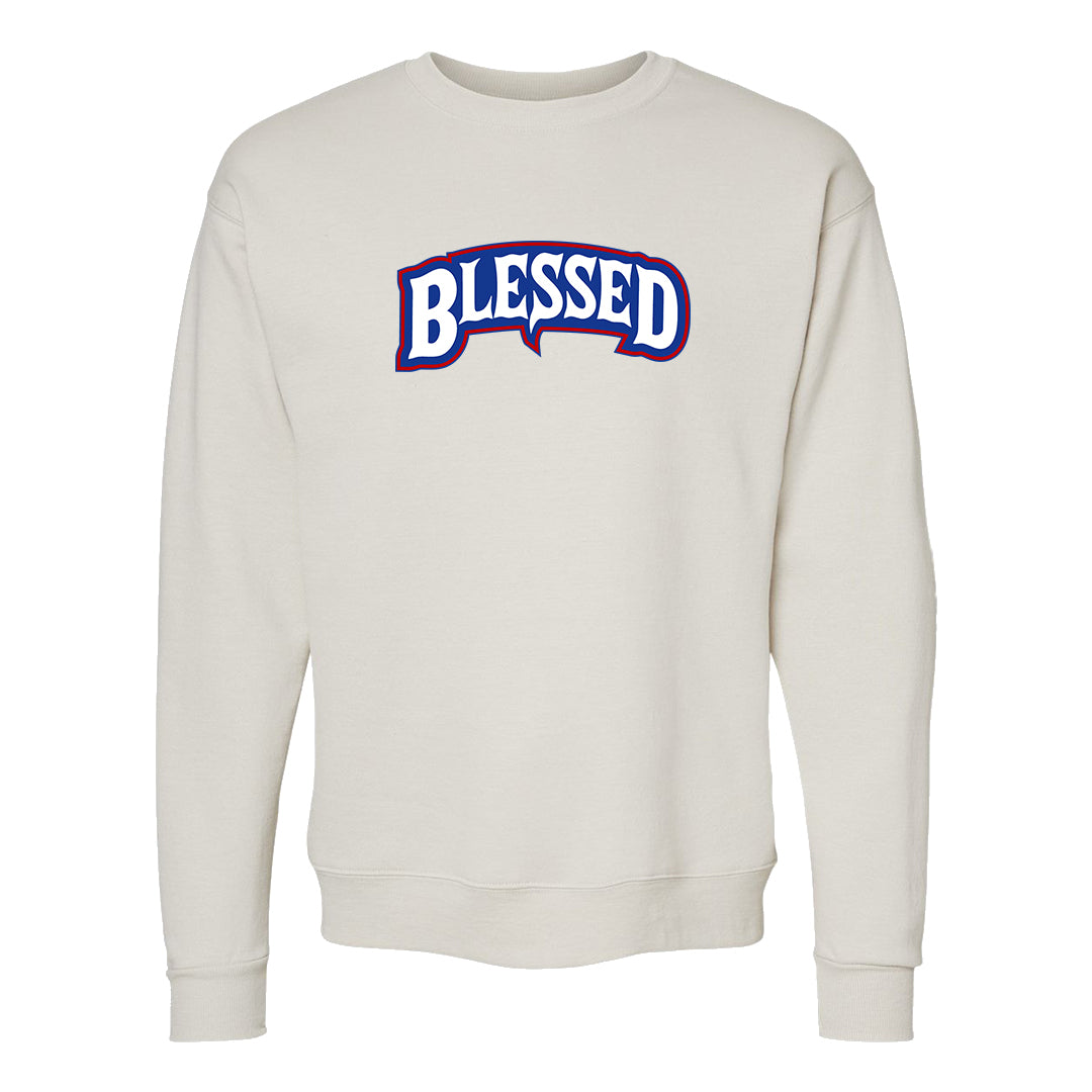 University Blue Summit White Low 1s Crewneck Sweatshirt | Blessed Arch, Sand